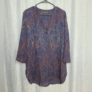 Preston & York women's top/shirt button down navy/beige/rust rollsleeve L